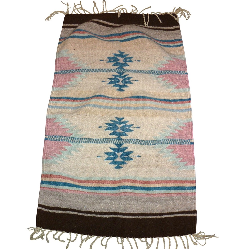 Vtg Zapotec 100% Wool Rug 19x32 Hand Loomed Mexico Southwestern Pastel Tapestry